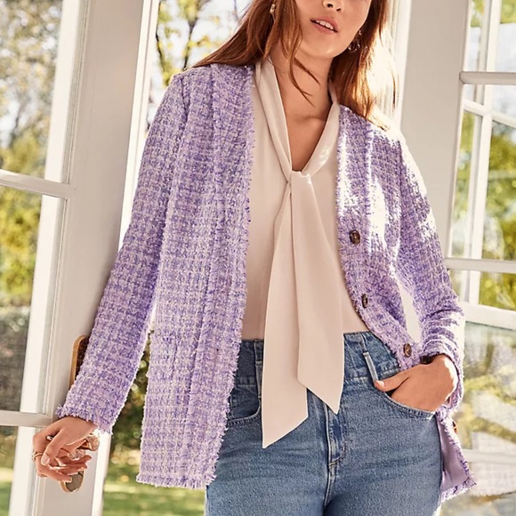 Ann Taylor Blazer Lavender Fringe Tweed Cardigan Jacket Sz 16 EUC Purple Plaid - Picture 3 of 13